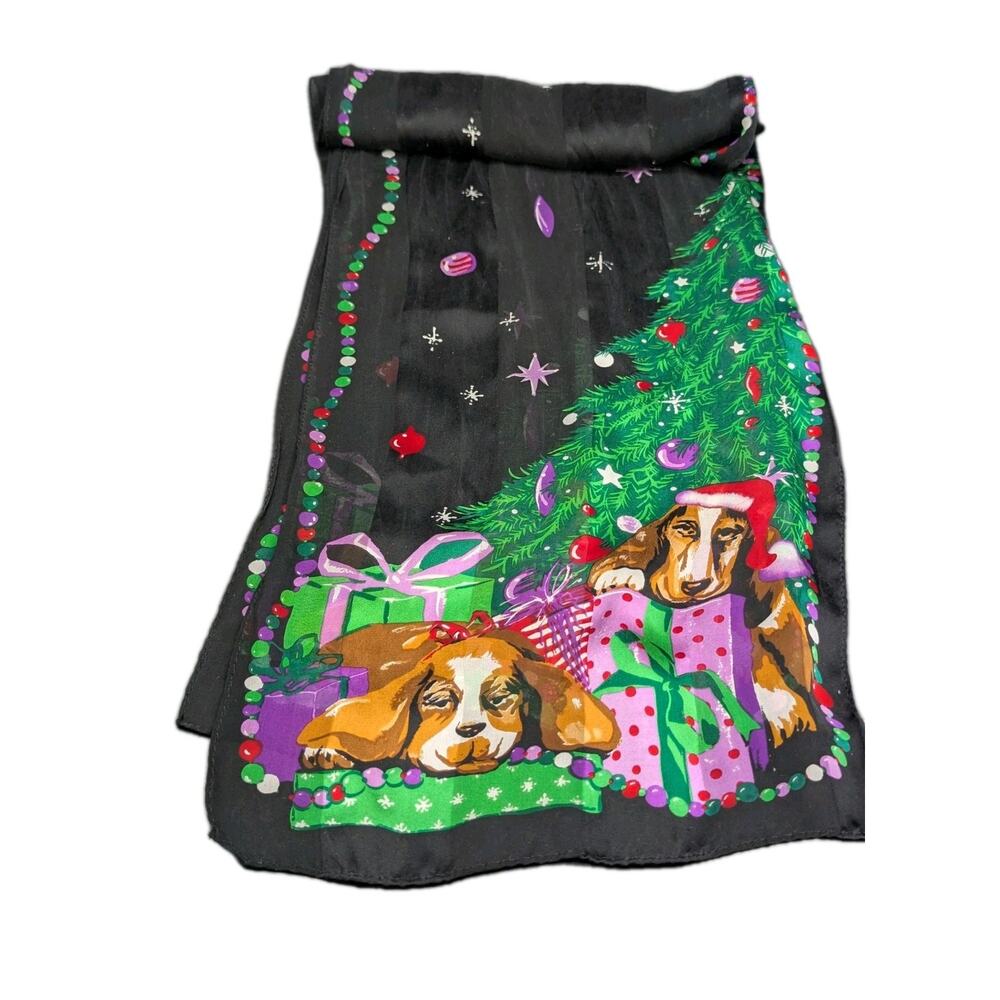 Vintage Elaine Gold Christmas Beagle Collection XIIX Black 100% Silk Scarf